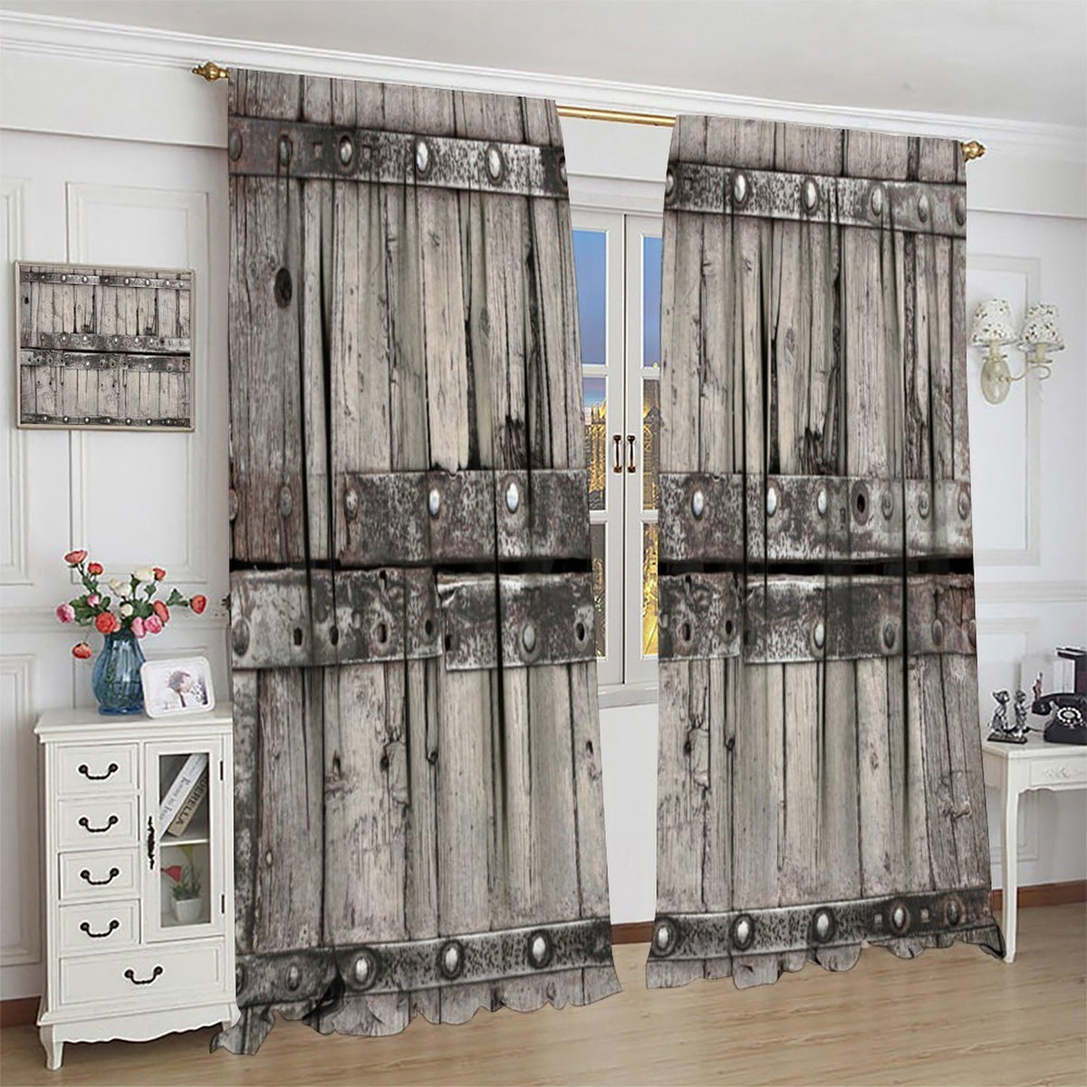 Nanacur Cabin Wooden Barn Door Curtains, Rustic Wood Brown Old Rod Pocket Window Treatments for Girl Boy Bedroom Living Room Office Drapes 41" W X 45" L (No Blackout)