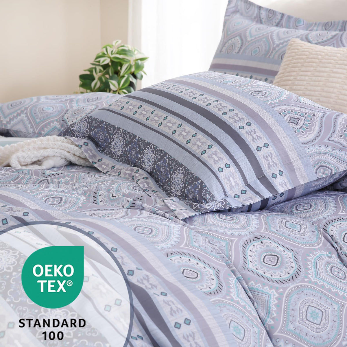 Ocharo Boho Duvet Cover King Size 100% Cotton,Reversible Duvet Cover Set with Bohemian Floral Striped Printed,Soft 3 Pieces Paisley Pattern Duvet Bedding Cover Set with 2 Pillow Shams,Grey Purple