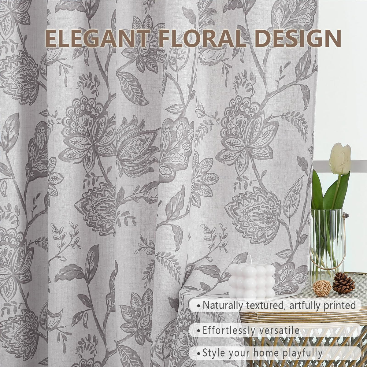 Ebesto Floral Curtains 63 Inch Length - Light Filtering Faux Linen Flower Printed Window Curtains for Bedroom, Rod Pocket No-See Through Privacy Drapes, 2 Panels, Each 40Wx63L Inches, Grey