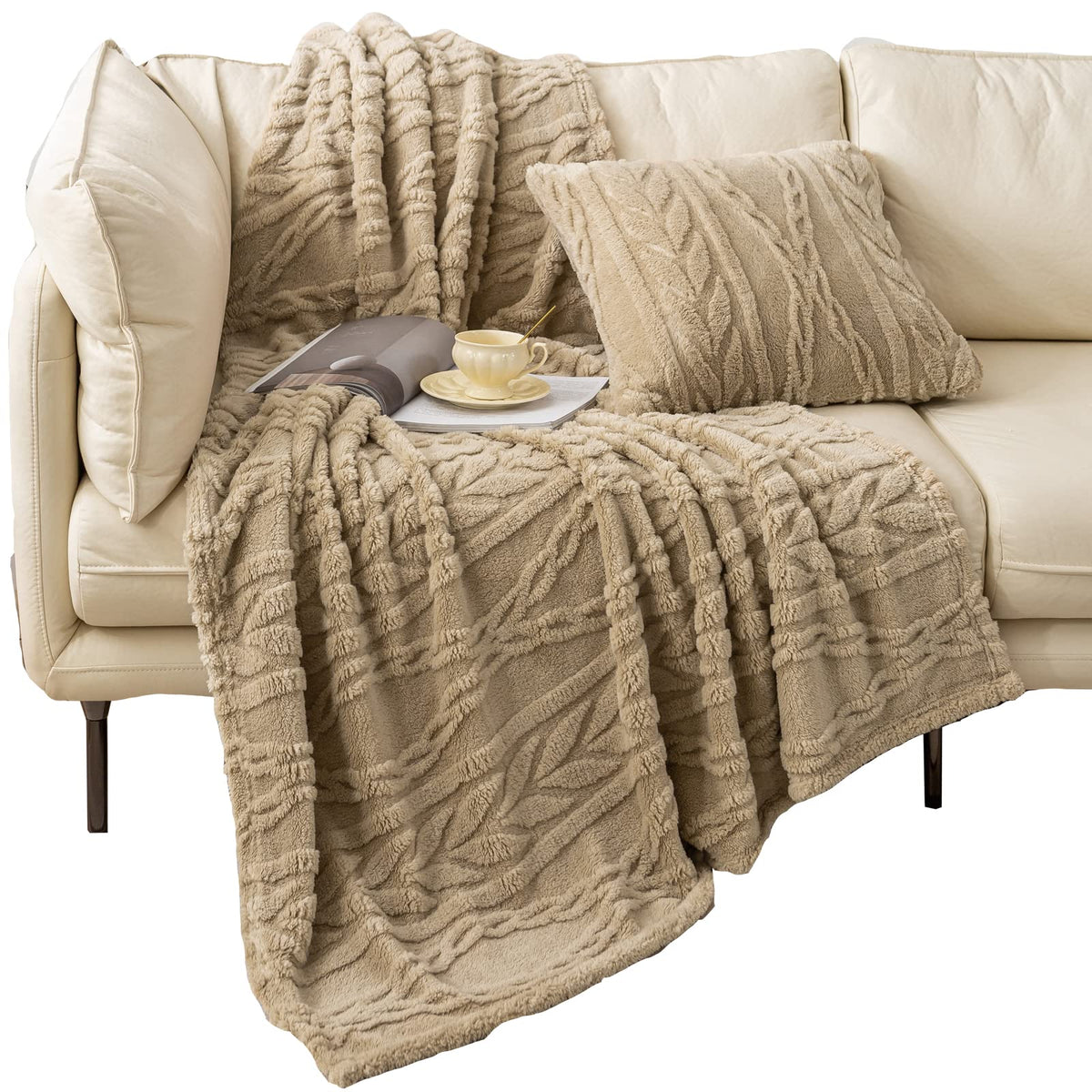 YUSOKI Sherpa Large Throw Blanket Single Layer,Light Weight(1.7lb),320GMS-3D Stylish Design for Gift Home Decor (Tan,50"x65")