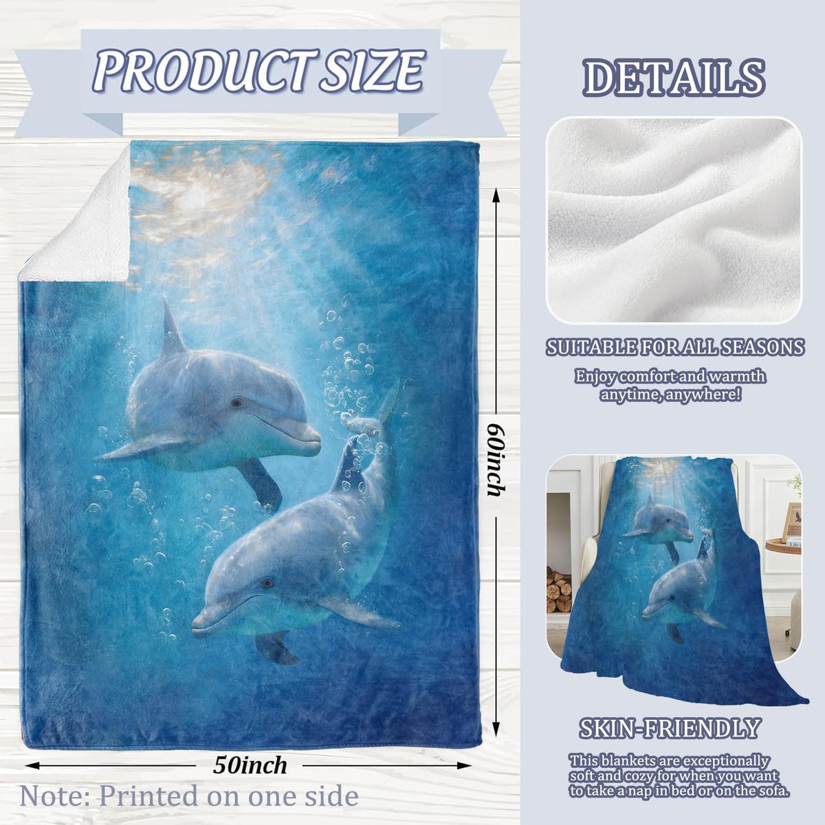 Graceful Dolphin Ocean Blanket, 60 x 50 Inch Flannel Marine Fish Cute Dolphins Throw Blanket, Gifts for Women Girls Boys Adults Kids, Lightweight Cozy Warm Blankets for Sofa Travel Home Decor