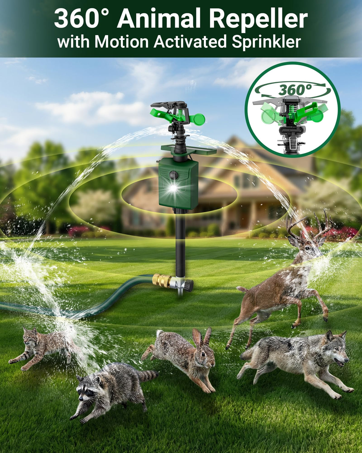 G-Jyuncyou Motion-Activated Sprinkler, Solar Animal Repellent Outdoor - Deer Cat Deterrent with Motion Sensor & Flashing Lights, Protects Yard & Garden from Deer, Cats, Raccoons
