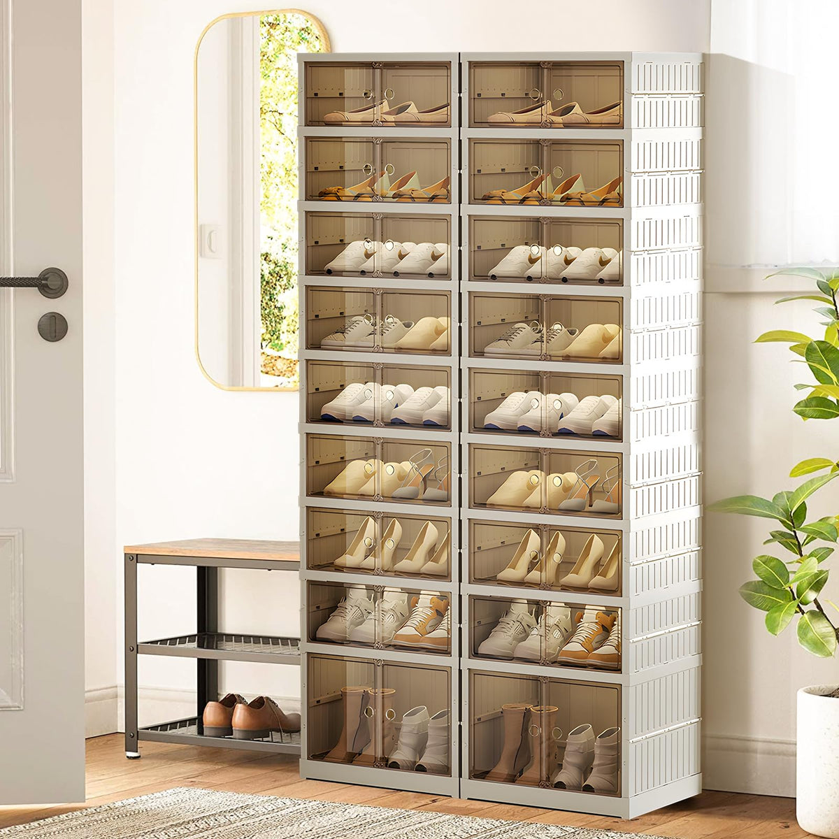 ELPHECO 9 Tier 36 Pairs Large Shoe Rack Organizer - Foldable Sneaker Cabinet Bins, Stackable Shoe Storage Shelf, Collapsible Shoe Cabinet with Double Doors for Entryway