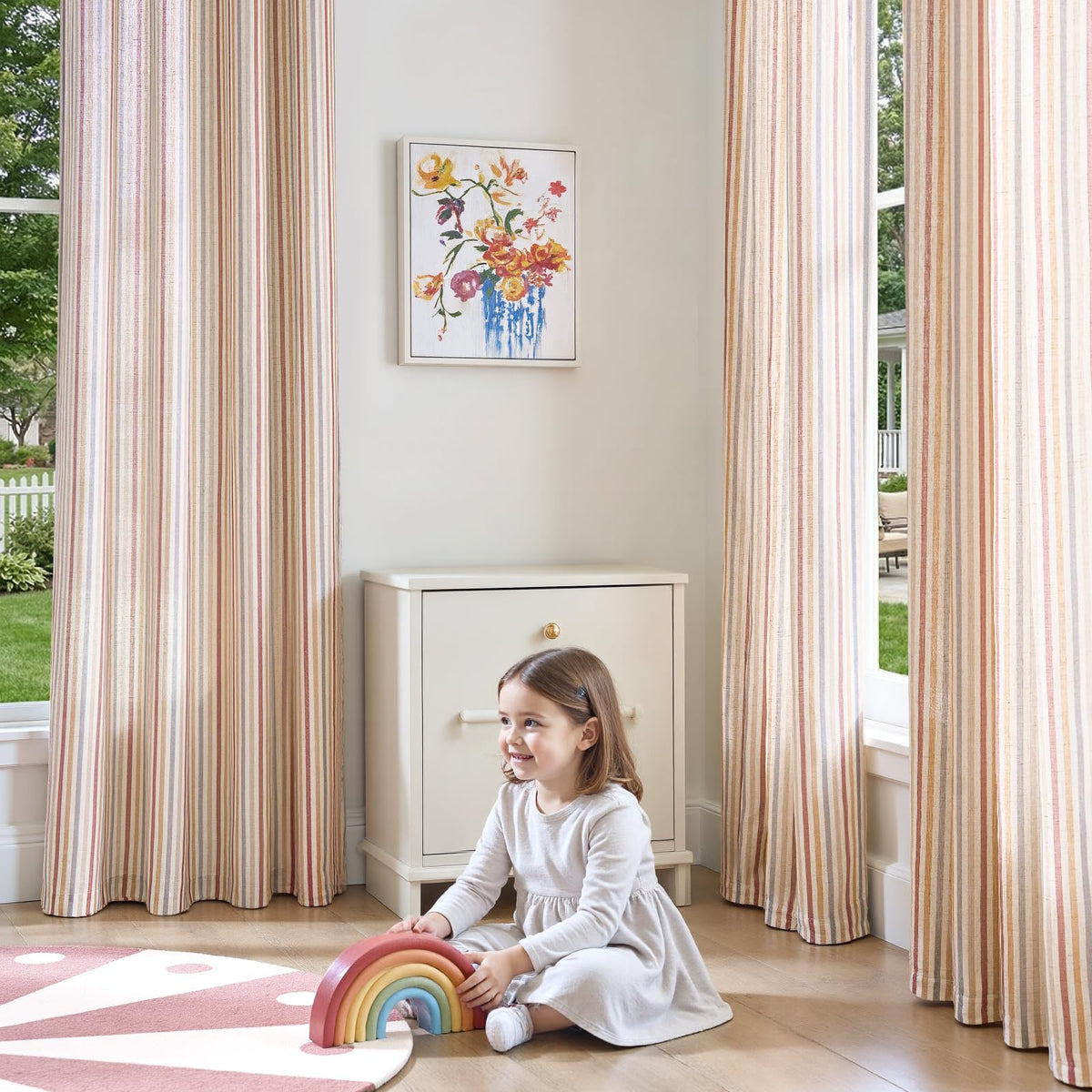 jinchan Linen Curtains for Nursery Bedroom 84 Inch Long Multi Red on Beige Striped Curtains for Living Room Cute Ticking Stripe Farmhouse Baby Girl Kids Room Light Filtering Grommet Drapes 2 Panels