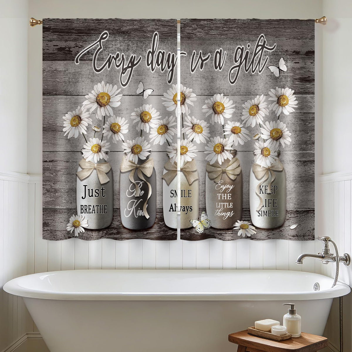 Cizuug Farmhouse Daisy Kitchen CurtainsRustic Vintage Flower Inspirational Small Short Cafe Window Curtains Wooden Country Quotes Bathroom Tier Window Treatment Drapes 2 Panels