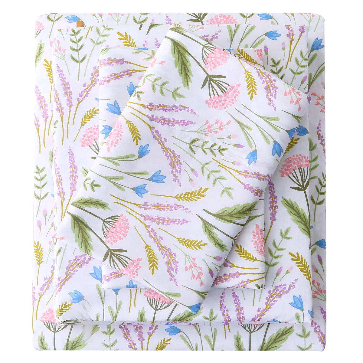 Viviland Floral Full Sheet Set - 4 Piece Lavender & Blue Bell Pink Cluster Botanical Patterned Bed Sheets - Soft, Breathable Microfiber Sheets with Deep Pocket, Non-Slip Fitted Sheets & Pillowcases