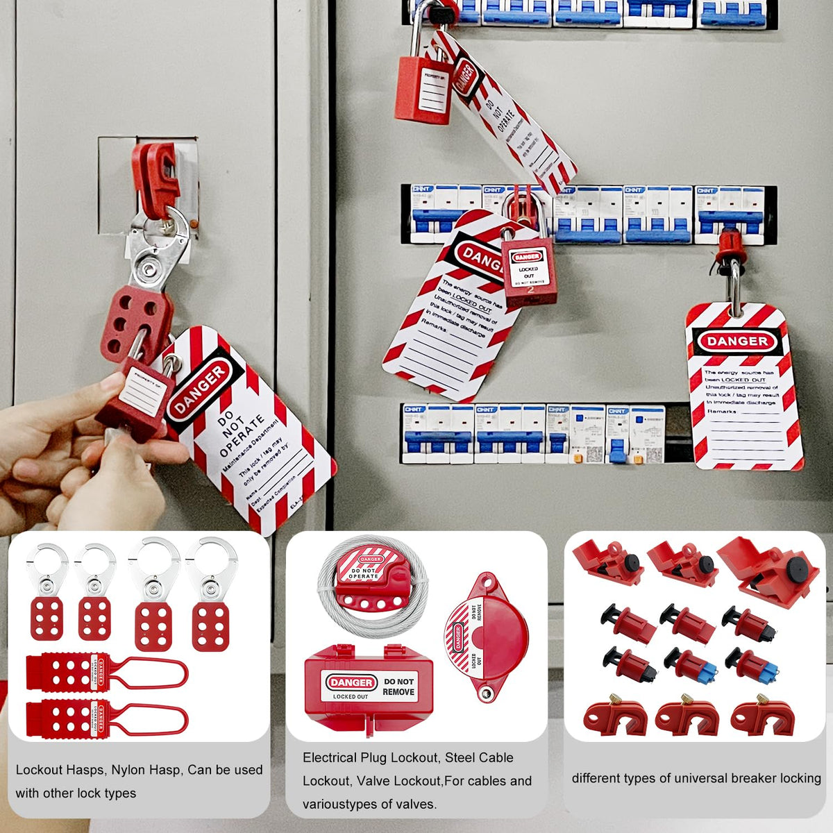 SAFBY 2-in-1 Lockout Tagout (Loto) Kits–Complete OSHA Safety Group Lock Out Hasps, Tag Out Clamp-On Circuit Breaker Lockout for Universal Multi- Pole Breaker Electrical Kits Station (2 Kits in 1)