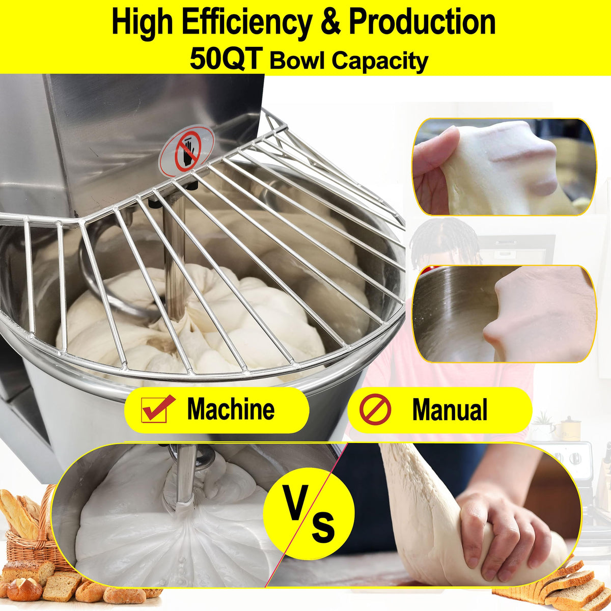 TECHTONGDA Commercial Dough Mixer 50L Food Mixer Stainless Steel Stand Mixer Dual Rotating Dough Kneading Machine with Double Speed Heavy Duty Pizza & Bread Dough Mixer for Restaurant Pizzeria 110V