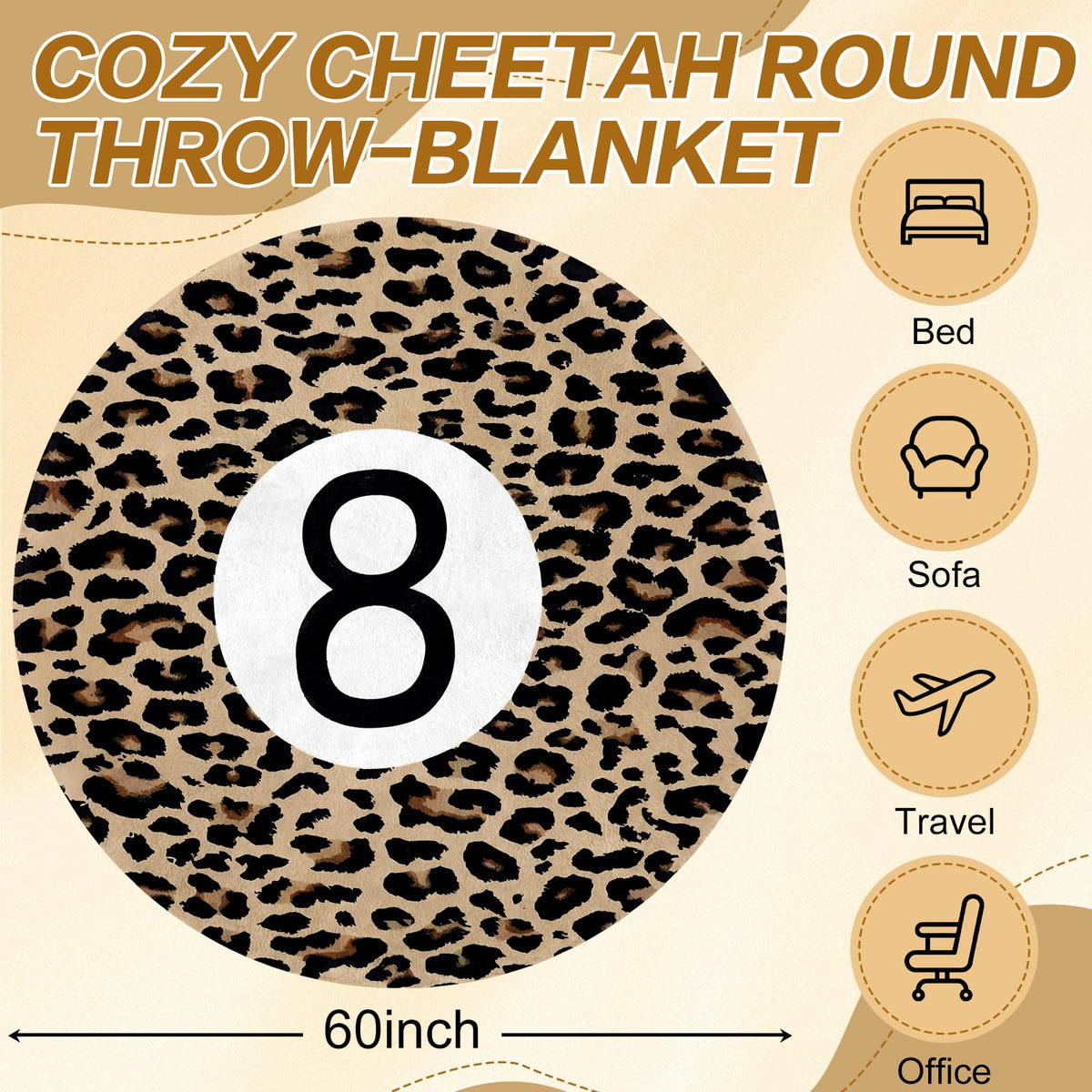 Lumina Garden Cheetah 8 Ball Throw Blanket, 60" Round Leopard Print Blanket Fleece Soft Cozy Fluffy Plush Couch Throw Area Rug Y2k Novelty Decor for Bed Sofa Bedroom Living Indoor Travel Home