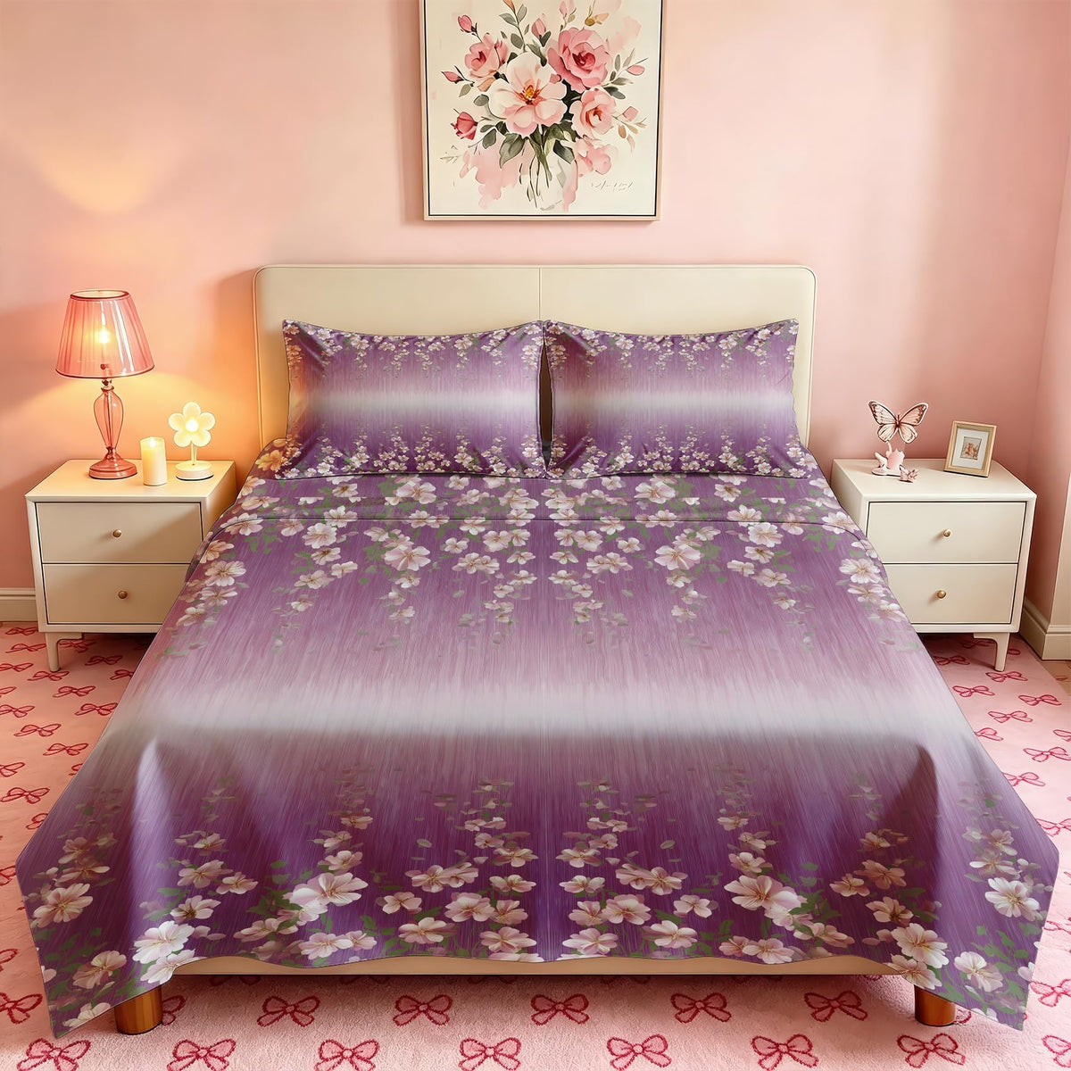 Girls Flower Full Sheet Set 4 Pcs Purple Gradient Bed Sheets