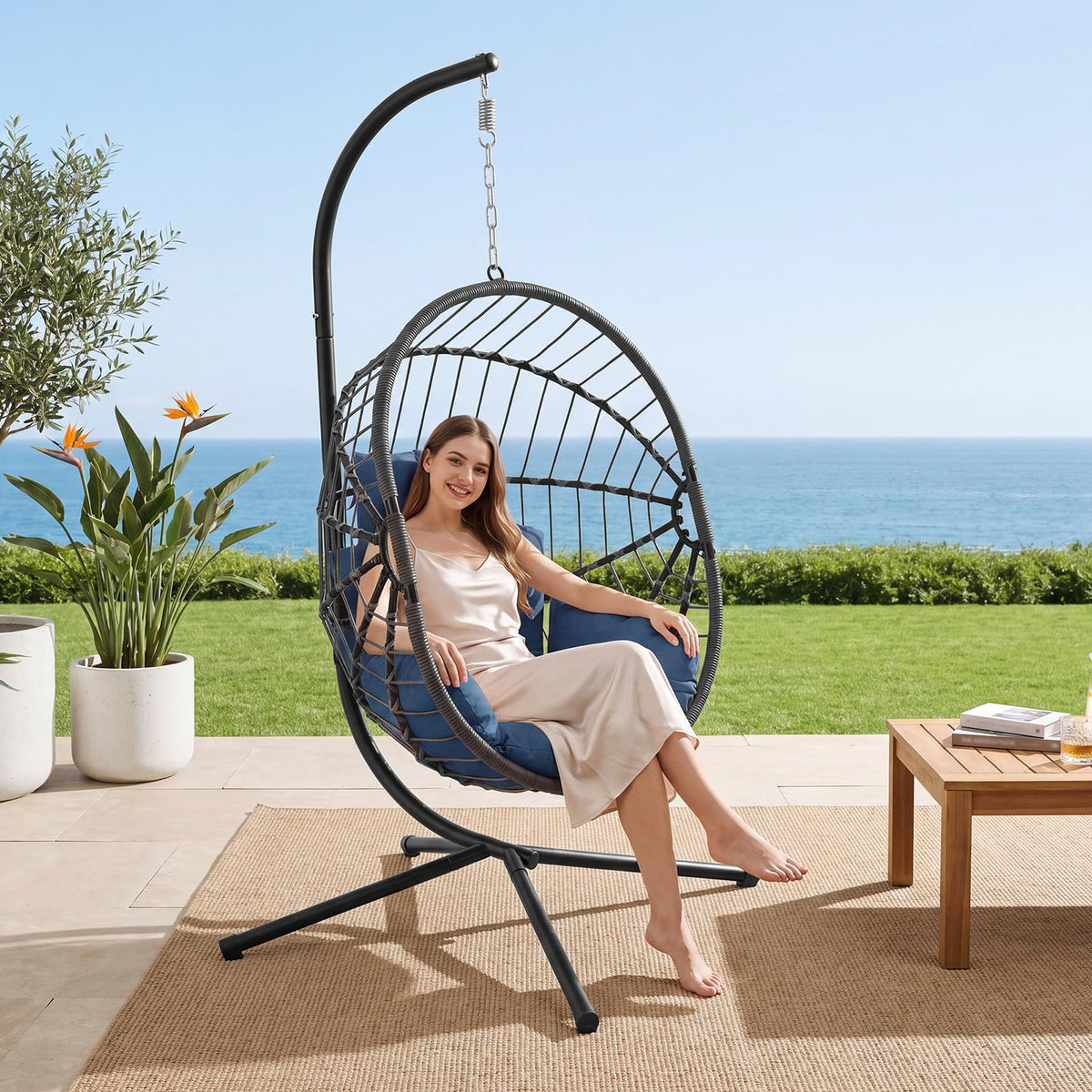 LEX CRAFT Hanging Egg Chair with Stand, Swinging Egg Chair Outdoor Indoor, Hanging Basket Chair with Cushion, Patio Wicker Hammock Chair 350lbs Capacity (Grey-Blue)