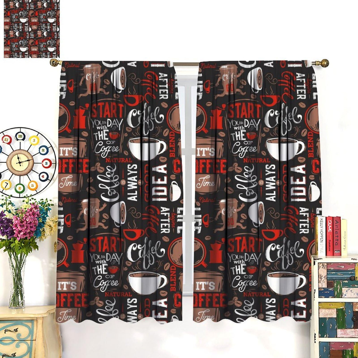 HZOHNAGO Coffee Kitchen Curtains Coffee Red Hot Mocha Latte Milk Pattern Blackout Print Rod Pocket Window Drapes for Bedroom Living Room Kitchen 42x45in