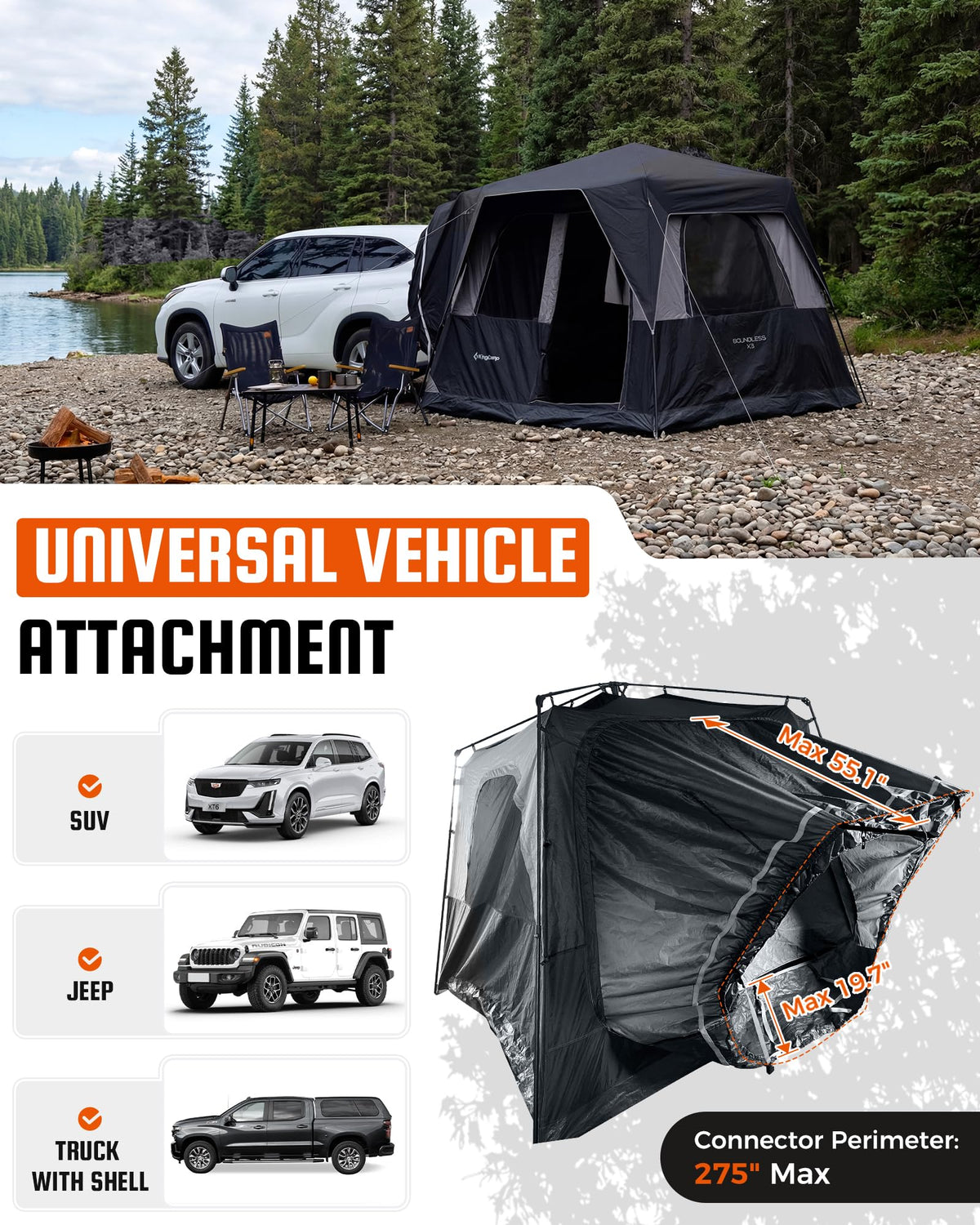 KingCamp SUV Tent for Camping, 6-8 Person Instant Tailgate Car Tent with Movie Screen, Waterproof Windproof Family Camping Tent Fits SUV Truck Jeep, Easy Setup Outdoor Shelter