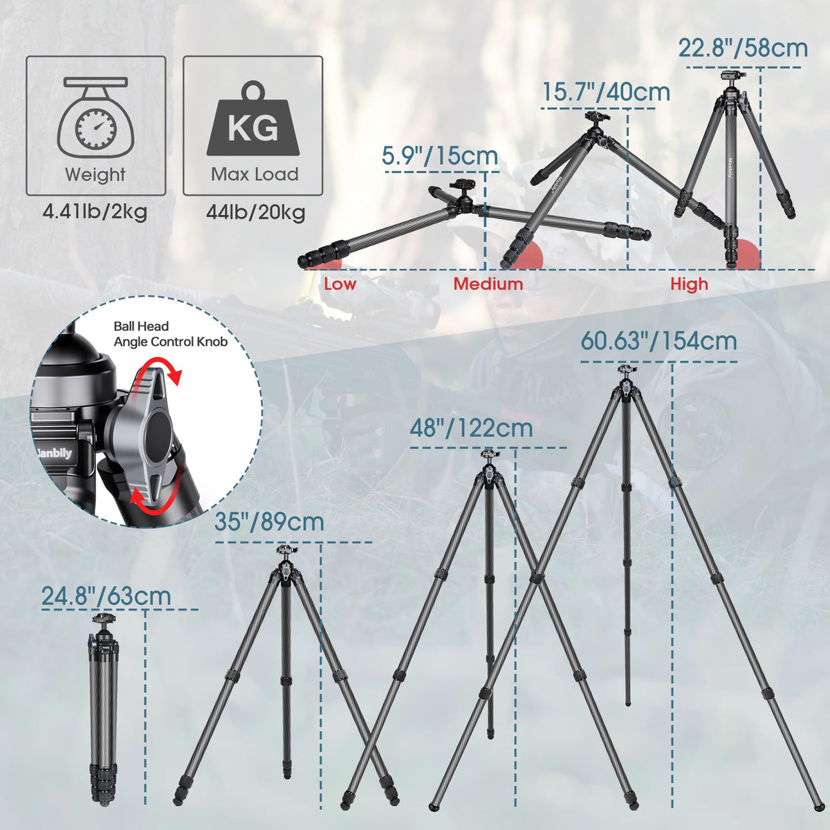Manbily Carbon Fiber Hunting Tripod, 36mm Thick Leg Shooting Tripod with 360 Degree 44mm Large Ball and Picatinny to Arca Swiss Adapters, Max Load 44 lbs - TS-364PA