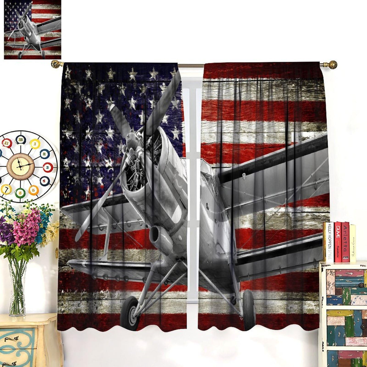 AAVEUP Airplane Curtains Retro Rustic American Flag Old Military Combat Aircraft Windows Treatments Rod Pocket Drapes for Kids Boys Teenager Living Room Bedroom Kitchen 42x45in