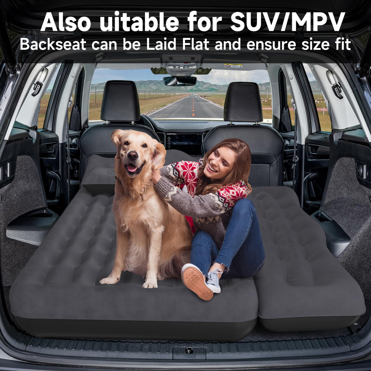 DikaSun Back Seat Car Air Mattress: Inflatable SUV Car Camping Bed for Truck Van, Thickened Double-Sided Flocking Travel Car Sleeping Pad with Air Pump 2 Pillows