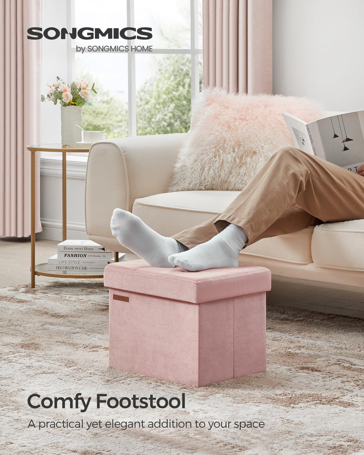 SONGMICS Storage Ottoman, Foldable Small Ottoman Foot Rest, 12.2 x 16.1 Inches Foot Stool, Load up to 286 lb, for Living Room, Bedroom, Dorm, Jelly Pink ULSF200R01