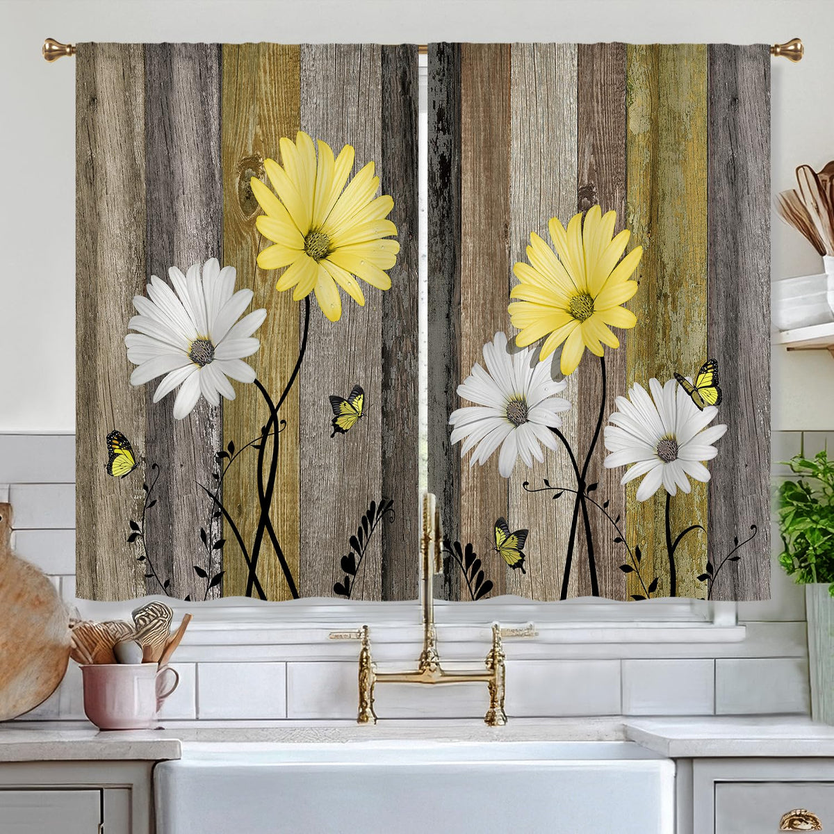 Cizuug Farmhous Yellow Daisy Kitchen Curtains Wooden Flower Small Short Cafe Window Curtains Rustic Floral Butterfly Country Barn Bathroom Drapes Treatment Tier Curtains 2 Panels