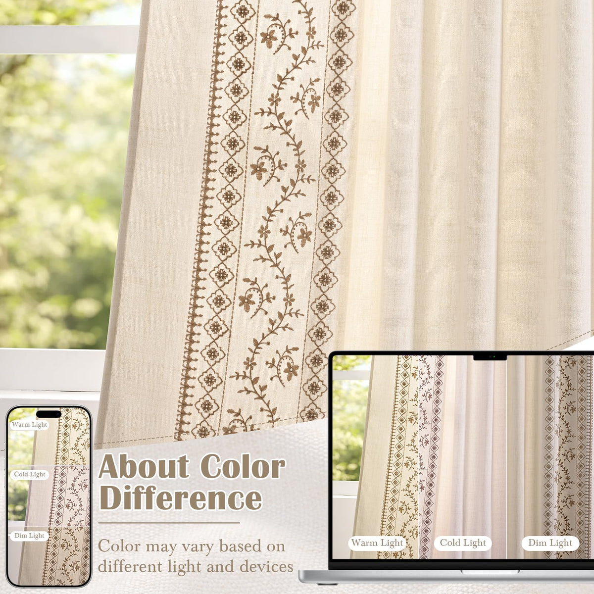 Yinhua Boho Curtains for Living Room 84 Inch Long Brown Embroidered Floral Bedroom Curtains, Farmhouse Light Filtering Window Curtain Rod Pocket & Back Tab Drapes, 52" W x 84" L, 2 Panels