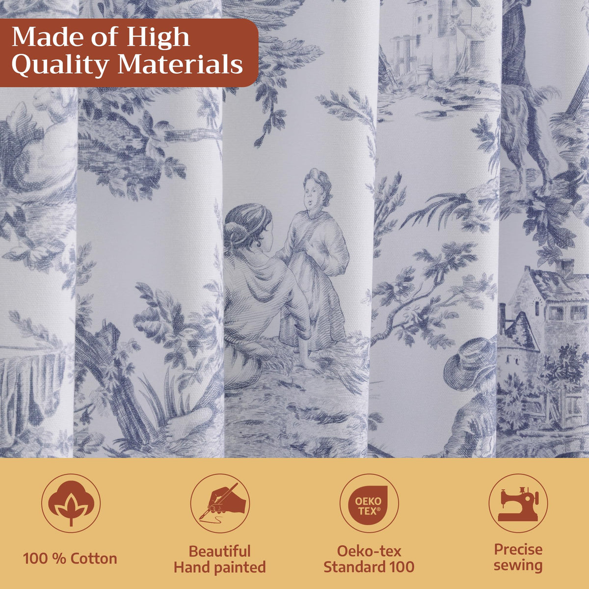 Maison d' Hermine Curtains for living room 100% Cotton 96 inch length One Panel Light Filtering Toile Curtains for Bedroom with rod and loop Pockets (The Miller Blue (White Background), 50"W x 96"L)