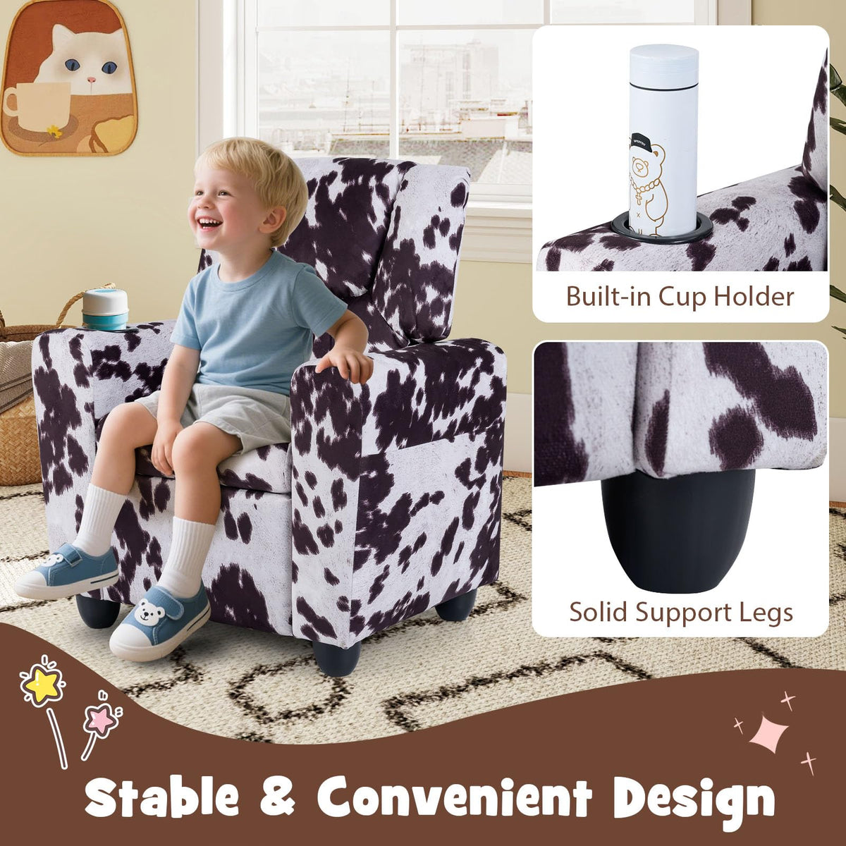 GLACER Kids Recliner with Cup Holder, Velvet Toddler Lounge Chair w/Adjustable Backrest & Footrest, Spring-Loaded Seat Cushion, Push Back Toddler Sofa for Boys & Girls Ages 3+ Years Old (Cow)