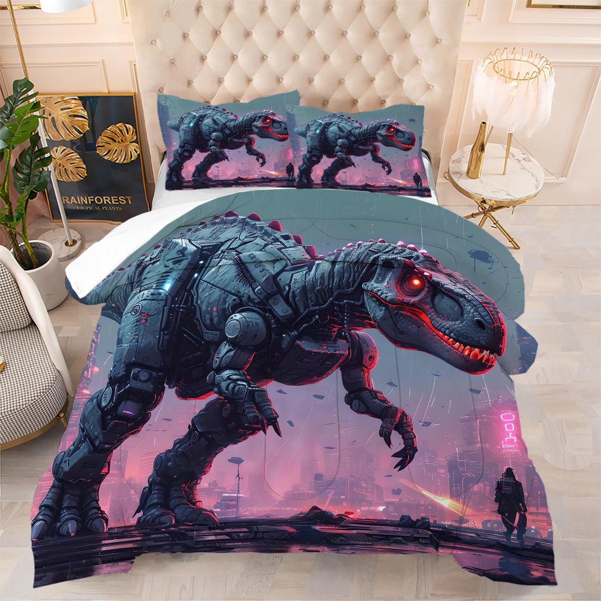 VTKON Kids Dinosaur Comforter Set Full Size Dino Bedding Set for Kids Teens 3D Printed Neon Dino Comforter Sets 3 Pcs Soft Microfiber Boys Bedroom Decor