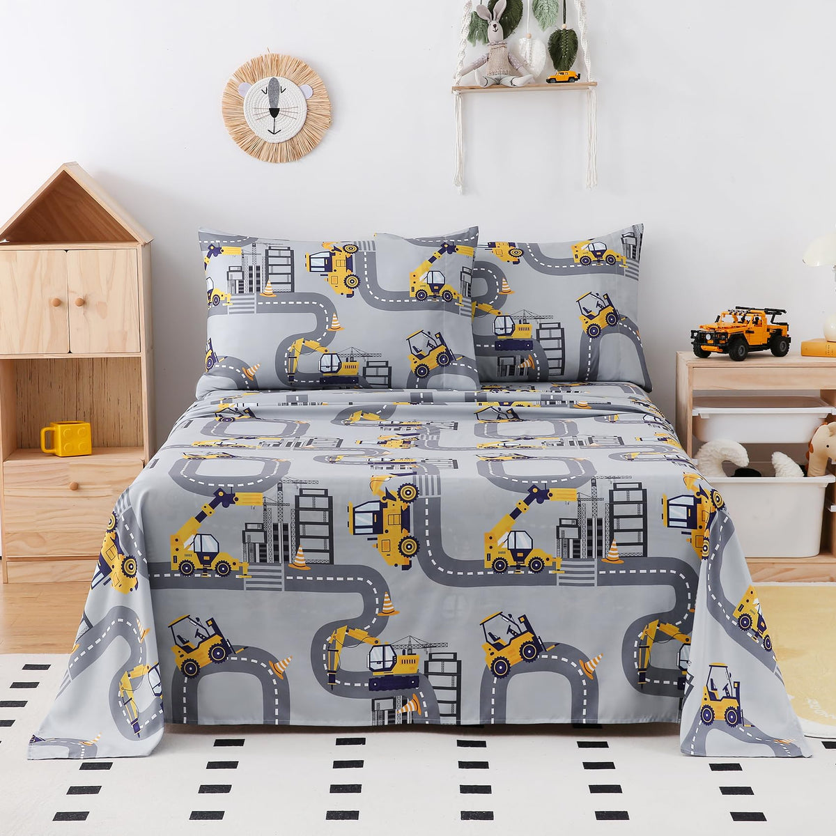 Yibeizi Twin Sheets Set Kids, Grey Truck Pattern Microfiber Single Bed Sheets, Cute Soft Oeko-Tex Extra Deep Pocket Sheets & Pillowcases Cooling Hypoallergenic Wrinkle Free Bedsheets