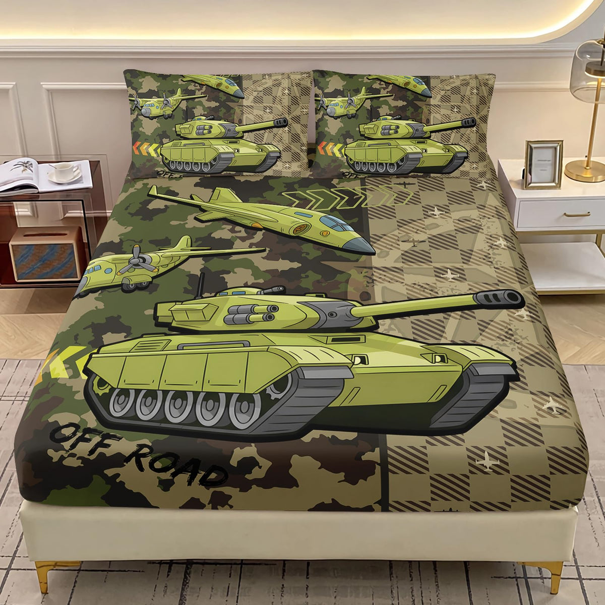 AILONEN Military Tank Camo Fitted Sheet Twin XL Size - 3 Piece Camouflage Army Green Bedding Deep Pocket & 2 Pillowcases - Boys Kids Sheets Room Decor