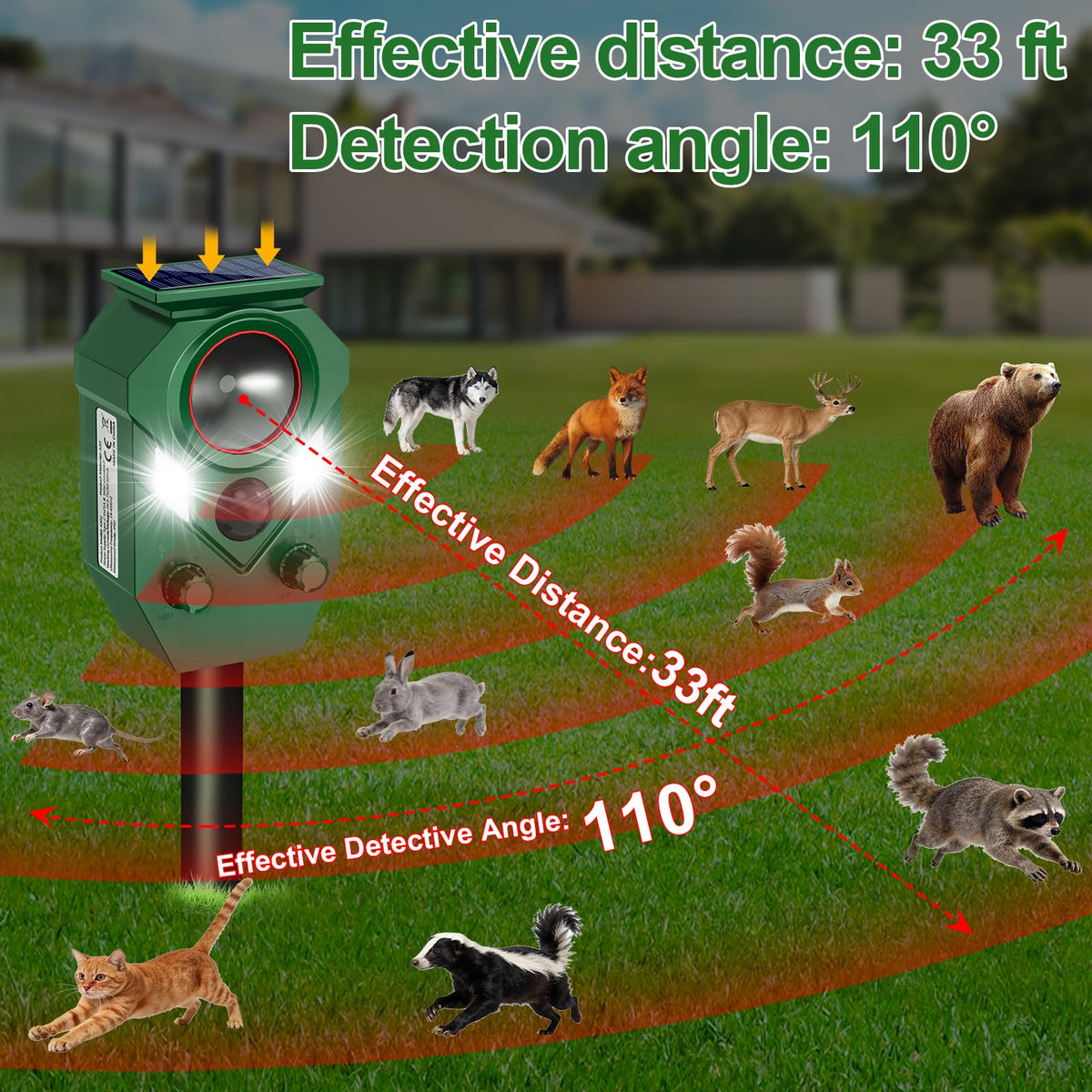 Ultrasonic Animal Repeller Outdoor,Cat Repellent & Deterrent with PIR Sensor & Flashing Light,Solar Powered Deer Repellent Device for Squirrels,Raccoons,Skunks,Rabbits,and Dog,IP65 Waterproof - 4 Pack