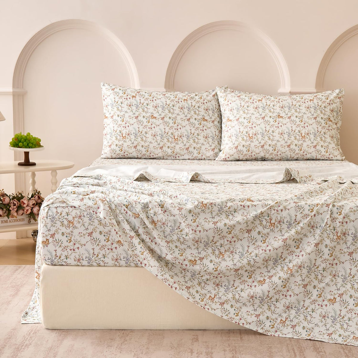 Huborise Orange Queen Sheet Set 400TC 100% Cotton Flannel-Like Warm Luxury Animal & Floral Bed Sheets 4Pc Deep Pocket 17.5", Double Brushed Extra Soft Breathable, Fall/Winter French Country Bedding