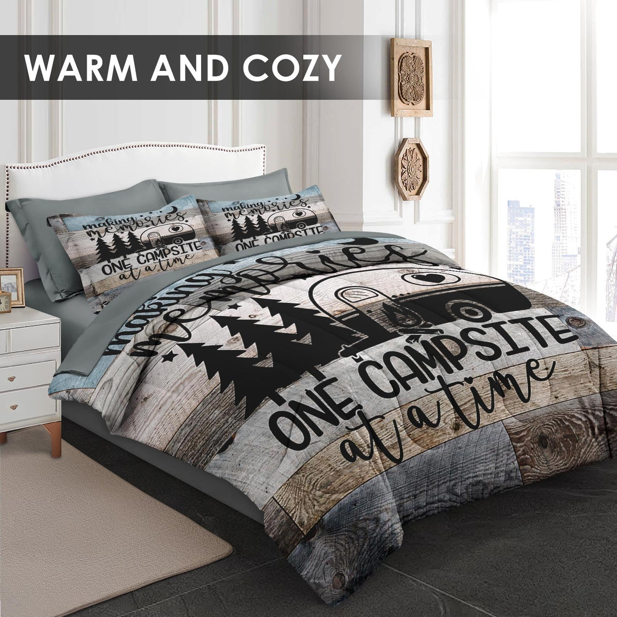 WeCozy 7 Pcs Full Size Comforter Set with 2 Pillowcases & 2 Shams, Inspirational Motivational Bedding Set for Kids and Adults, Retro Wood Camp Camper Bed in a Bag with Flat Sheet and Fitted Sheet