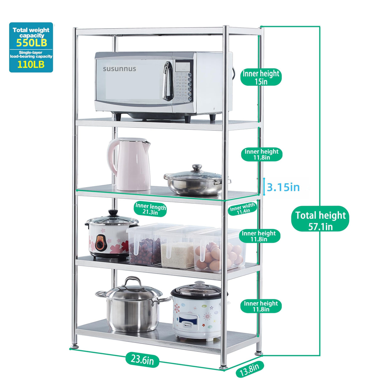 susunnus Stainless Steel Shelves 23.6in-5 Tier, Stainless Steel Shelf Organizer, Kitchen Storage Shelves,Artistic Texture, Pragmatic & Sturdy & Waterproof