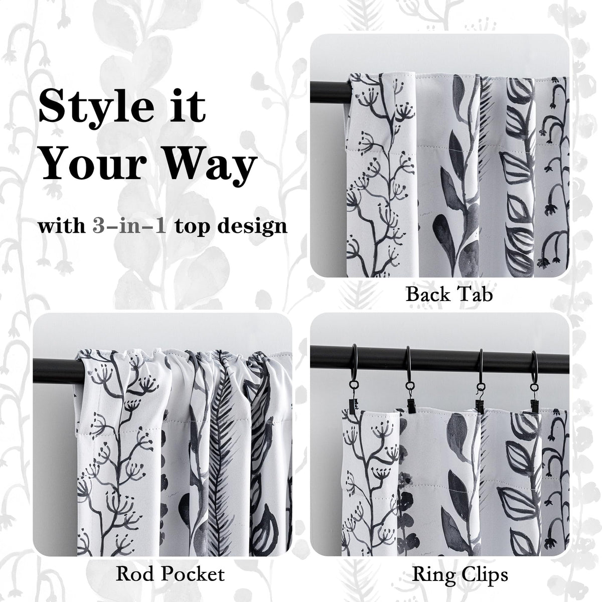 MEETSKY Boho Blackout Leaves Patterned Curtains 84 Inch Long 2 Panels Set for Bedroom, Room Darkening Dark Grey Drapes for Living Room, Thermal Insulated Rod Pocket Back Tab Window Treatment, 50"Wide
