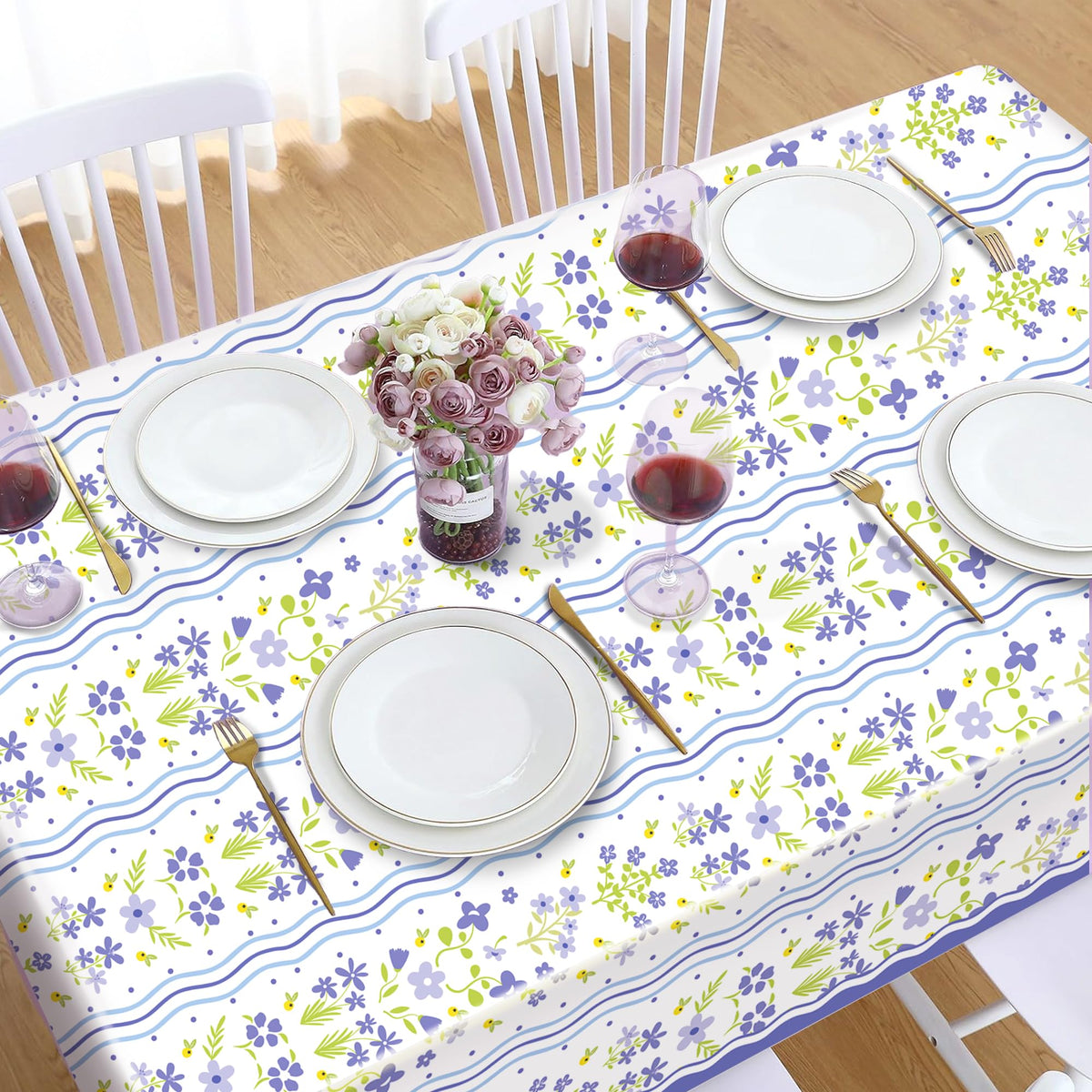 CC HOME 1Pc Blue Flowers Party Plastic Tablecloth 54 x 87 Inch Long Table Cover, Fresh Wildflowers Party Tablecover for Floral Theme Kids Baby Shower Birthday Dinner Picnic Kitchen Event