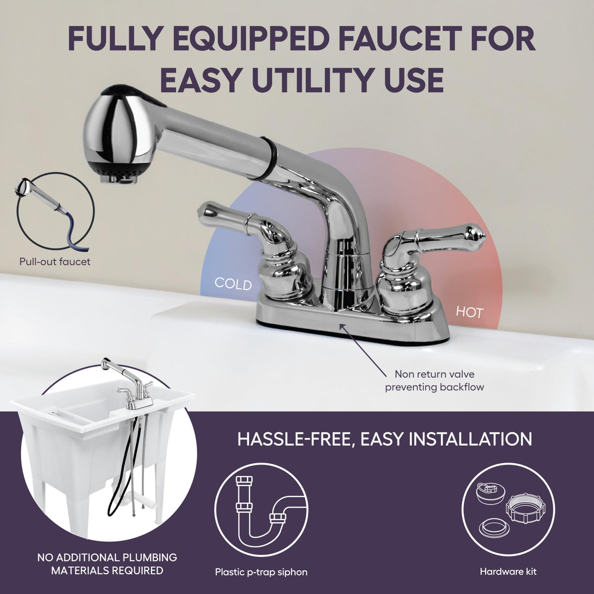 Freestanding Utility Sink with Pull-Out Faucet – 32" with Steel Legs – Multipurpose for Pet Washing & More, Indoor and Outdoor Use – by Noah William Home – Grey (26 gal)