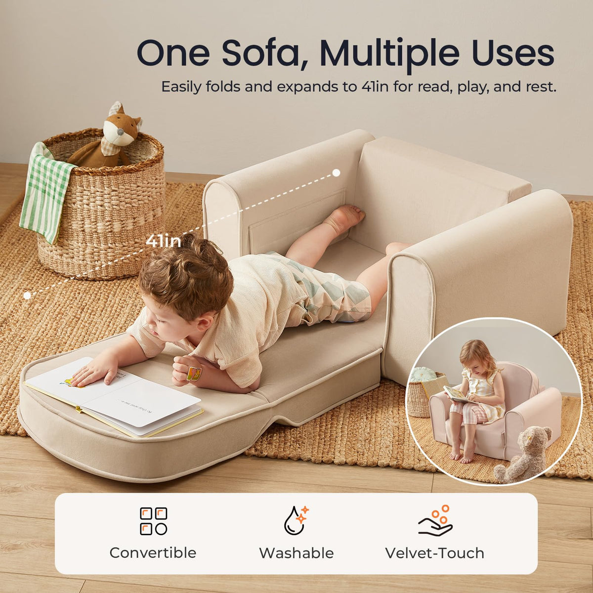 Tiny Land 2-in-1 Foldable Kids Couch with Pocket Soft Thick Toddler Sofa