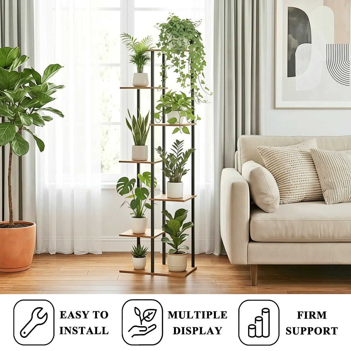 JEPRECO Plant Stand Indoor 7 Tier 8 Potted Metal Wood Plant Shelf, Multiple Flower Pots Corner Tall Plant Holder Stands for Living Room Balcony Bedroom, Rustic Brown