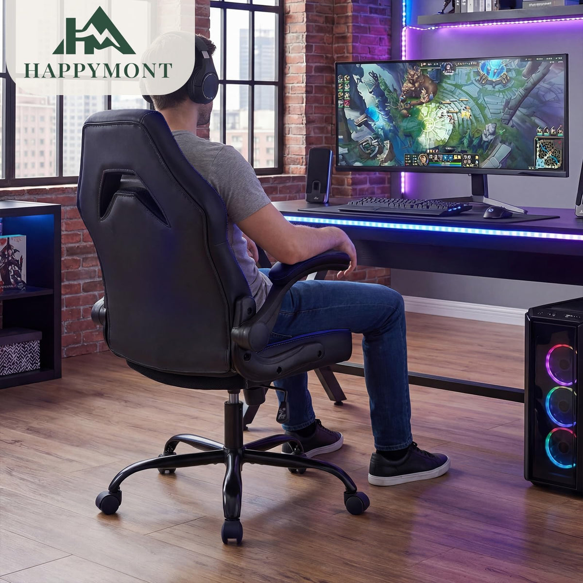 HAPPYMONT Ergonomic Computer Gaming Chair - Home Office Desk with PU Leather Lumbar Support, Adjustable Big and Tall Video Game with Flip-up Armrest, Swivel Wheels for Adults and Teens,Black Blue