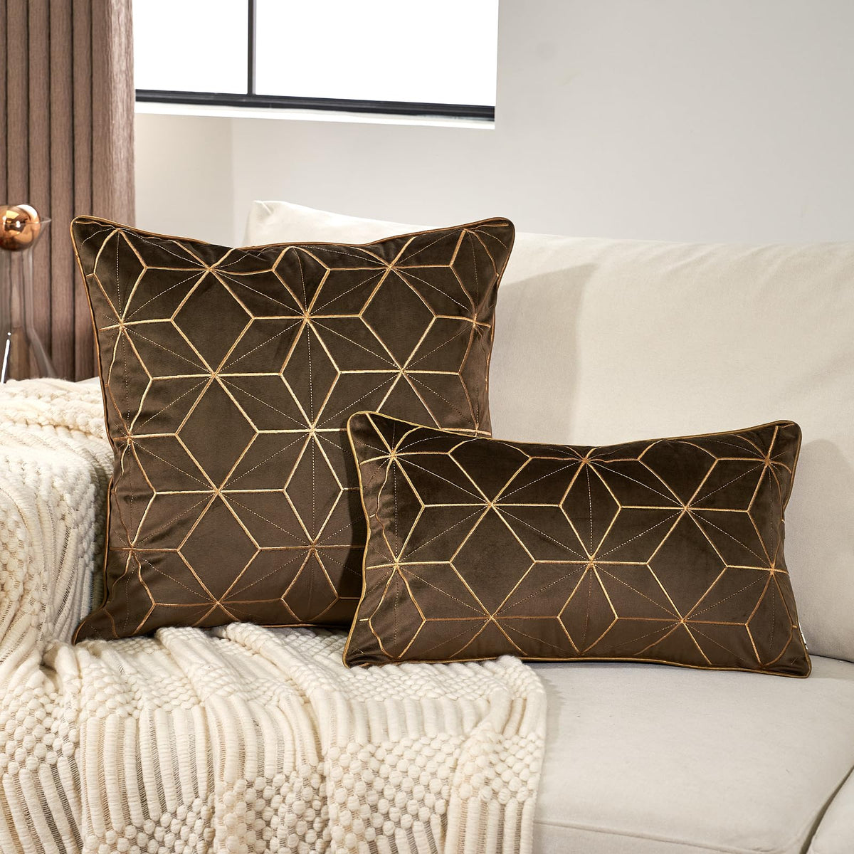 Aeckself Dark Brown Gold Plaid Geometric Throw Pillow Covers 20x20 Inch, Luxury Embroidery Velvet Cushion Case Square Modern Decorative Pillow Covers for Couch Living Room Bedroom
