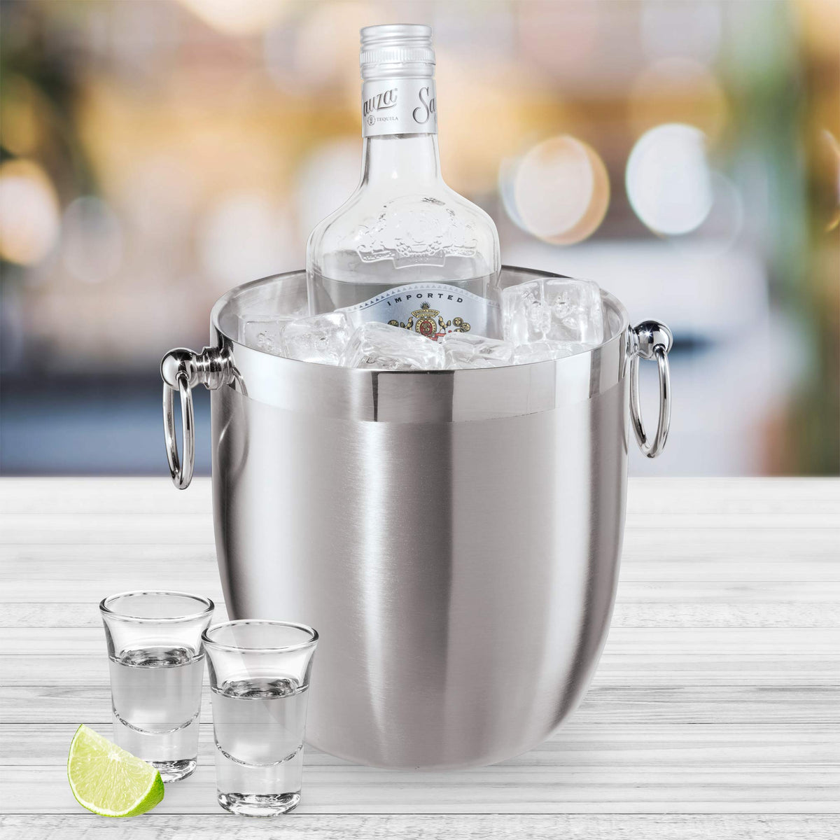 OGGI Double Wall Stainless Steel Ice Bucket - Insulated Ice Bucket with Elegant Steel Lid, Classic Handles Tongs - Great for Home Bar, Chilling Beer, Champagne and Wine - 3 qt (Pack of 3)