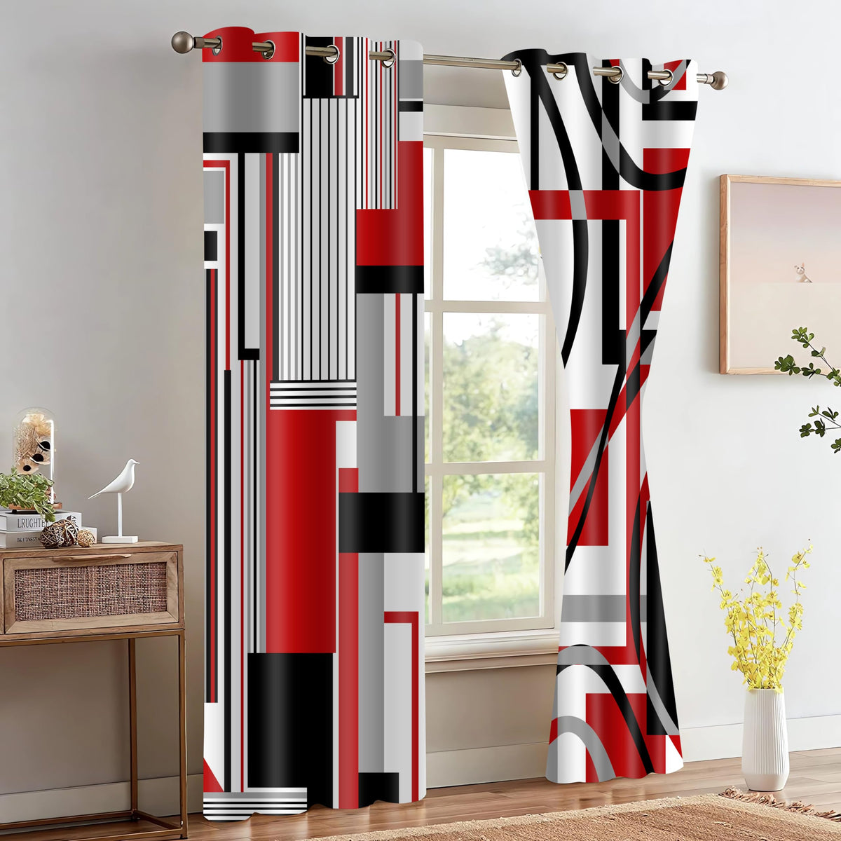 HIYSMT Red Black White Line Geometric Curtains,42x84inch Gray Red Plaid Striped Blackout Curtain,Abstract Red Modern Art Drape for Bedroom Living Room 2Panels HI01CL