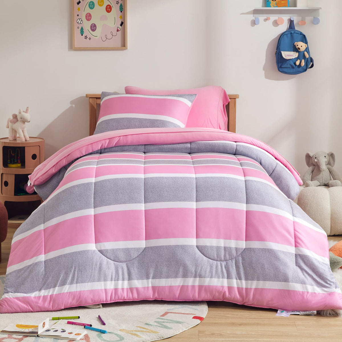 SLEEP ZONE Kids Comforter Set Full/Queen Size, Jersey Knit 7 Pieces Bedding, Super Soft and Breathable Comforter with Sheets, Pillowcases (Pink Grey Stripe)
