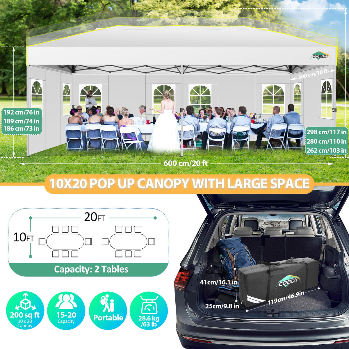 COBIZI 10x20 Pop Up Canopy with 6 Sidewalls One Push Setup Outdoor Event Shelter Waterproof UPF 50+ Gazebo Tent with Carry Bag,Air Vent,Sandbag for Wedding, Commercial, Party,White