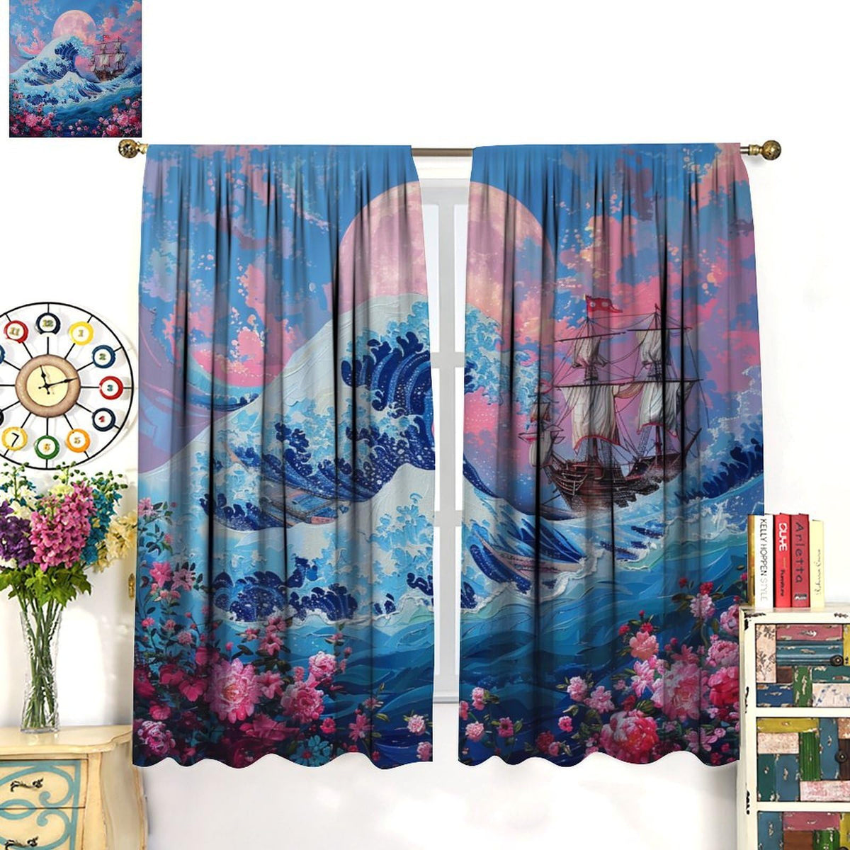 TOWINSFB Asian Sea Wave Blackout Curtains, Nautical Old Ship Floral Moon Home Decor Rod Pocket Window Drapes for Living Room Bedroom- 2 Panels, Each 21" W x 63" L