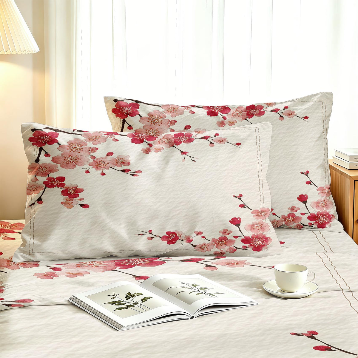 Cherry Blossom California King Sheet Set Red Flower Flat Fitted Sheet Sets