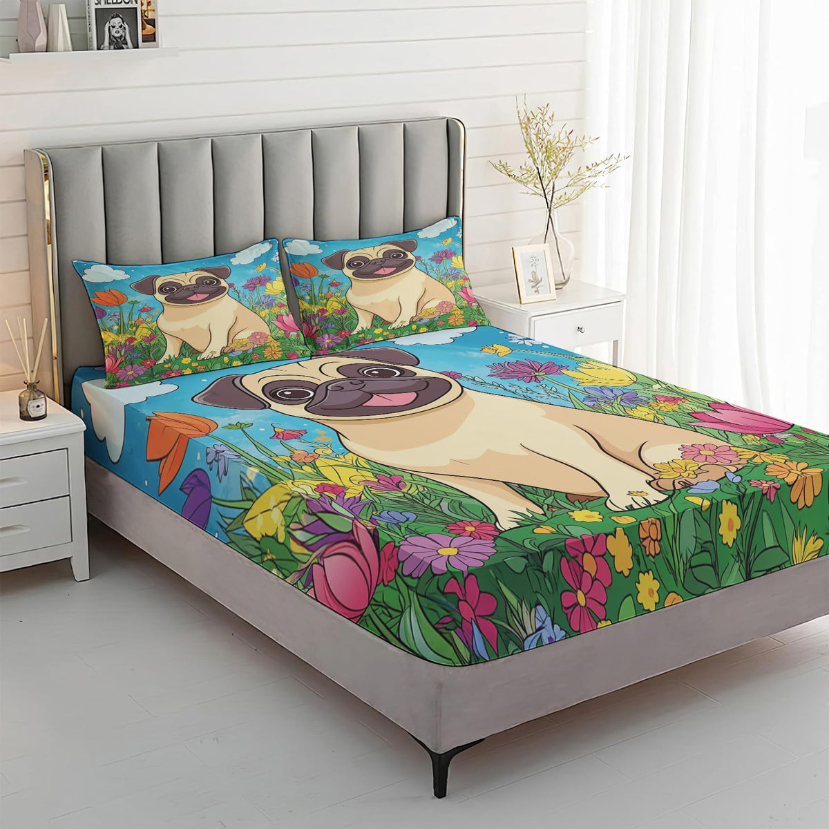 Rejkxyw King Size Sheets Set Cartoon French Bulldog - Puppy Dog Bed Sheets - Kids Boys Girls Sheet Set - 12 Inch Deep Pocket - Ultra Soft Winkle Free Microfiber Bedding Sheets & Pillowcases 4 Piece
