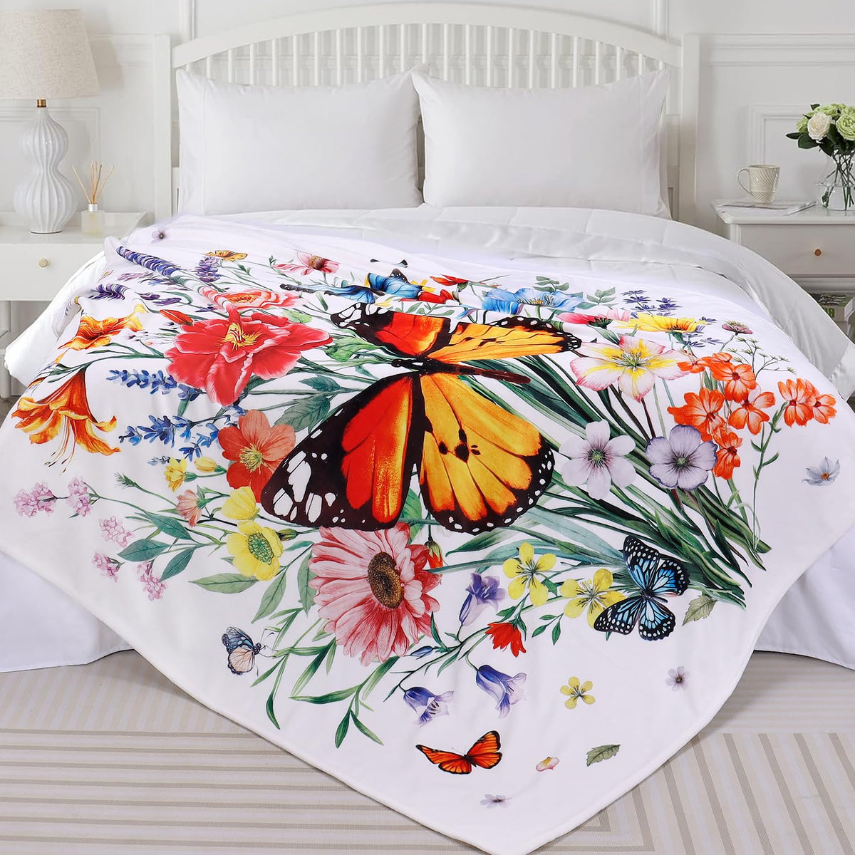 Floral Blanket Ultra Soft Butterfly Flowers Throw Blankets Wildflower Leaves Flannel Fleece Throw Watercolor Warm Cozy Fuzzy Plus Gift Cabin Blanket for Bed Sofa,60" X 80"