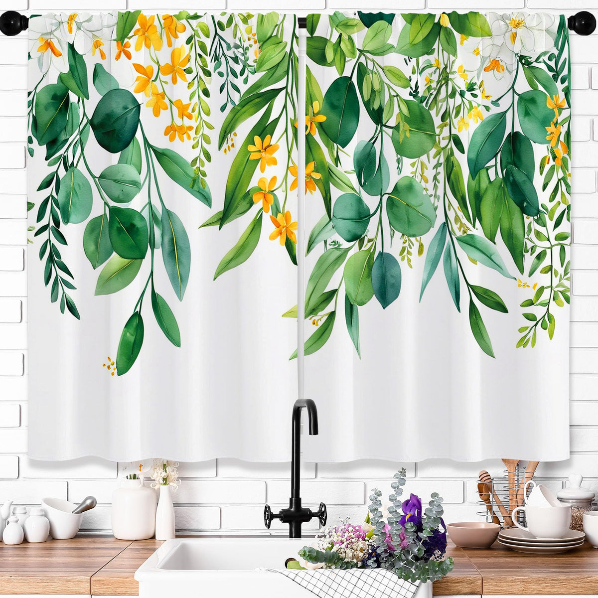 Opeoddie Eucalyptus Leaves Kitchen Curtains 2 Panels Sage Green Plant Botanical Vintage Farmhouse Boho Floral Small Short Cafe Tiers Curtain Bathroom Window Treatment Drapes 26x36 Inch