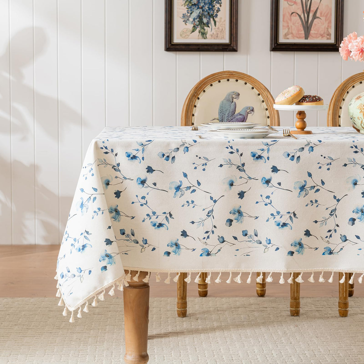 HOMLOVE Tablecloth Pastoral Style, Waterproof & Stain Resistant Table Cloth Wrinkle Free Table Cover for Dining/Kitchen/Patio, Washable Indoor & Outdoor Use (Blue Flower, 55"X102")