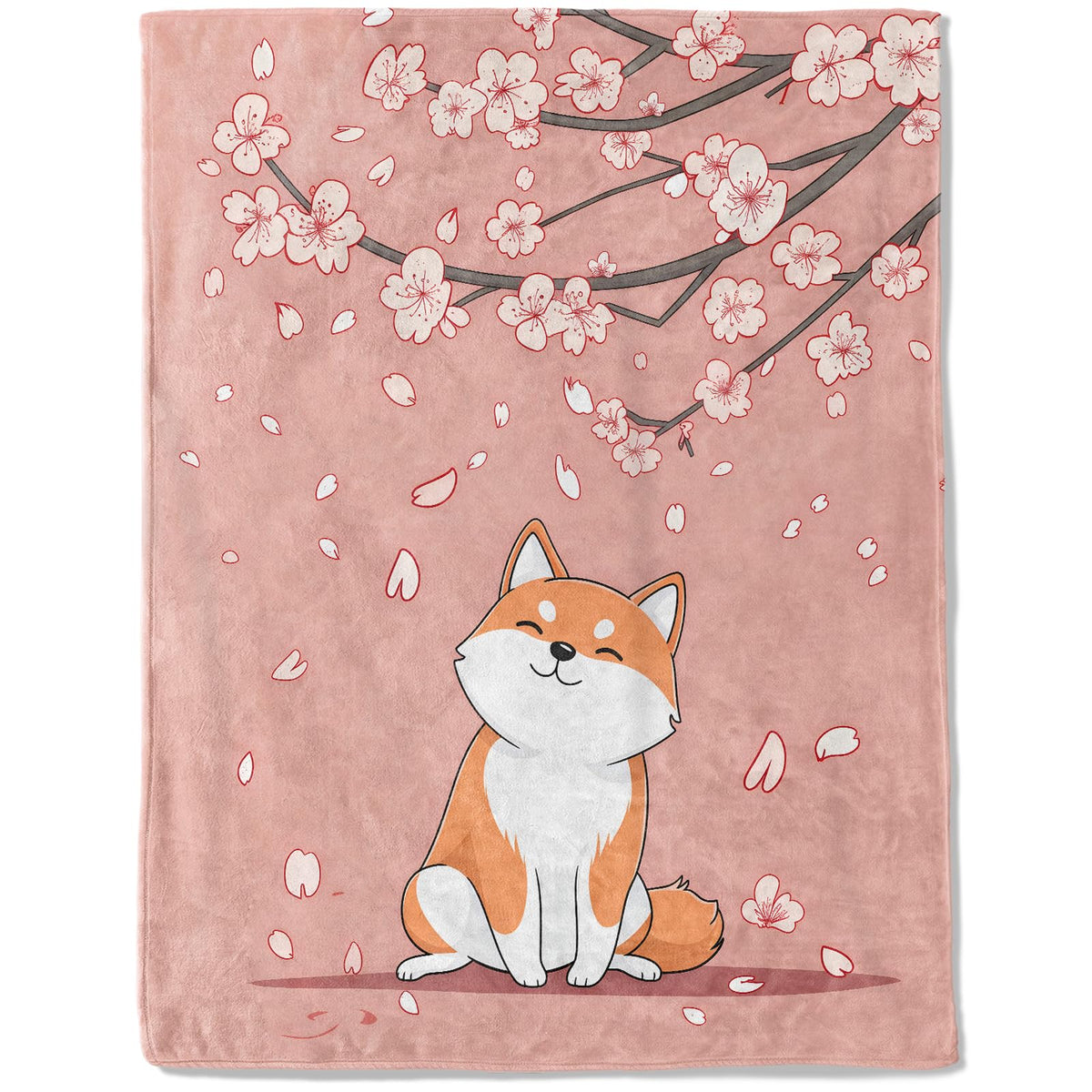 ainori Shiba Inu Flannel Blanket - Lightweight Soft Cozy Gifts Blankets for Dog Lovers, Kids, Women, Cute Pink Cherry Blossom Art Japanese Puppy Style Throw,Elegant Home Room Modern Decor 50x60in